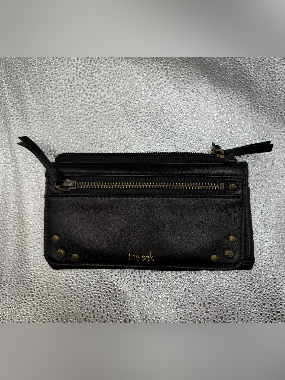 The Sak Black Leather Zip Around Wallet NWOT Gold Hardware Studs